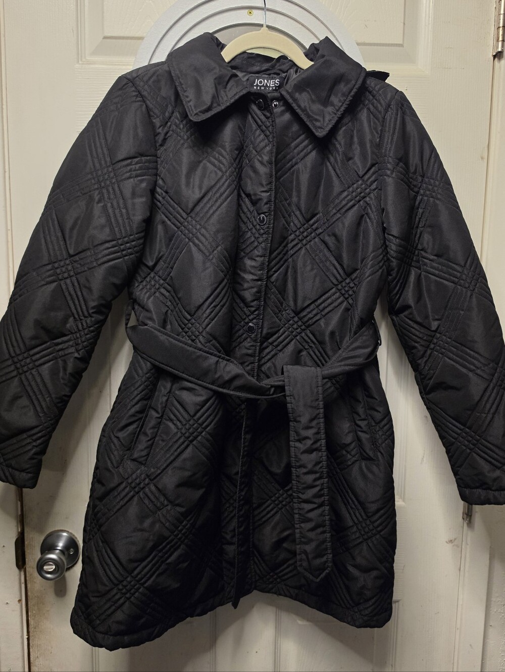 Jones New York Black Quilted Belted Puffer Raincoat